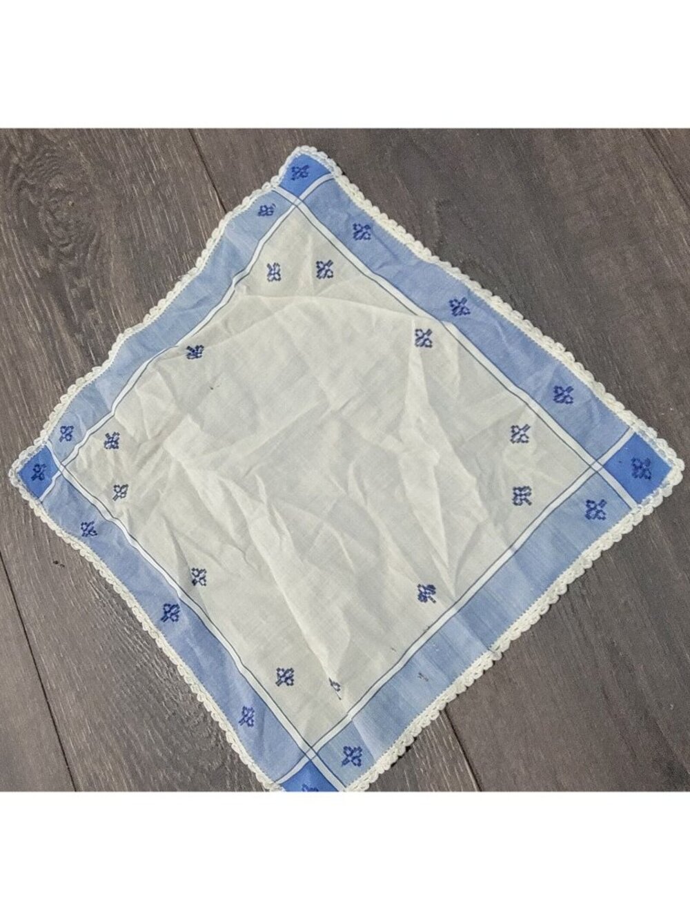 Cotton Handkerchief Blue Border Small Embroidered Design White Crochet Hem Vtg